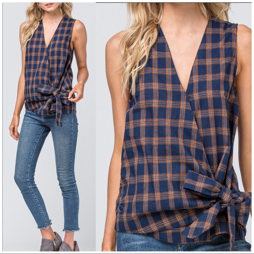 NAVY PLAID SURPLICE TOP with SELF TIE ON THE SIDE - Picture 3 of 8
